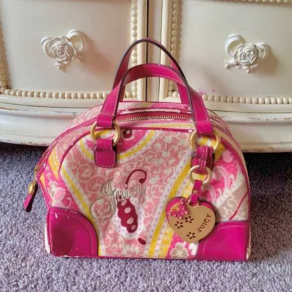 Y2K Juicy Couture Pink Paisley Butterfly Bowler Bag - Picture 1 of 6